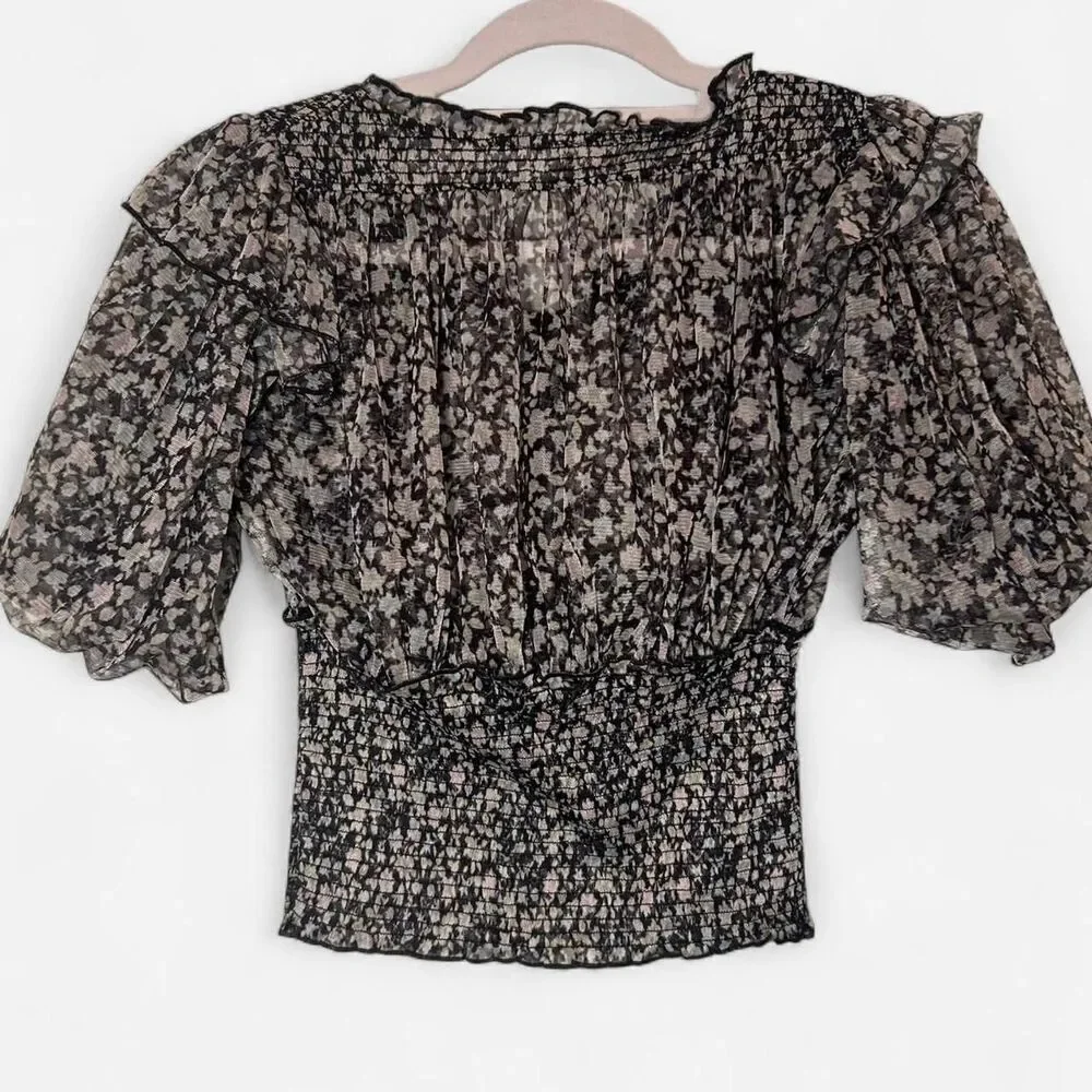 Free People Beatrice Printed Lace-Up Puff Sleeve Top XS | Cottagecore Boho